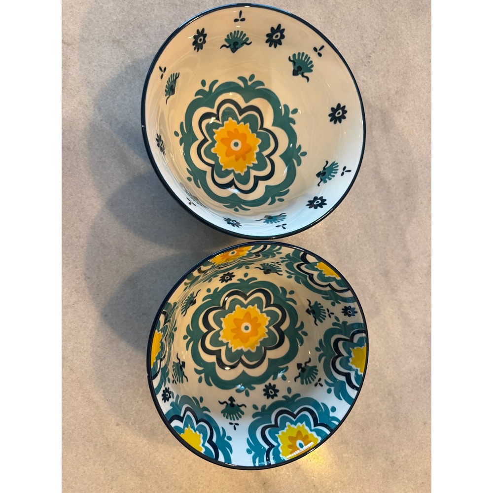 Pair of cereal bowls teal floral mandala bohemian geometric ceramic set of 2
